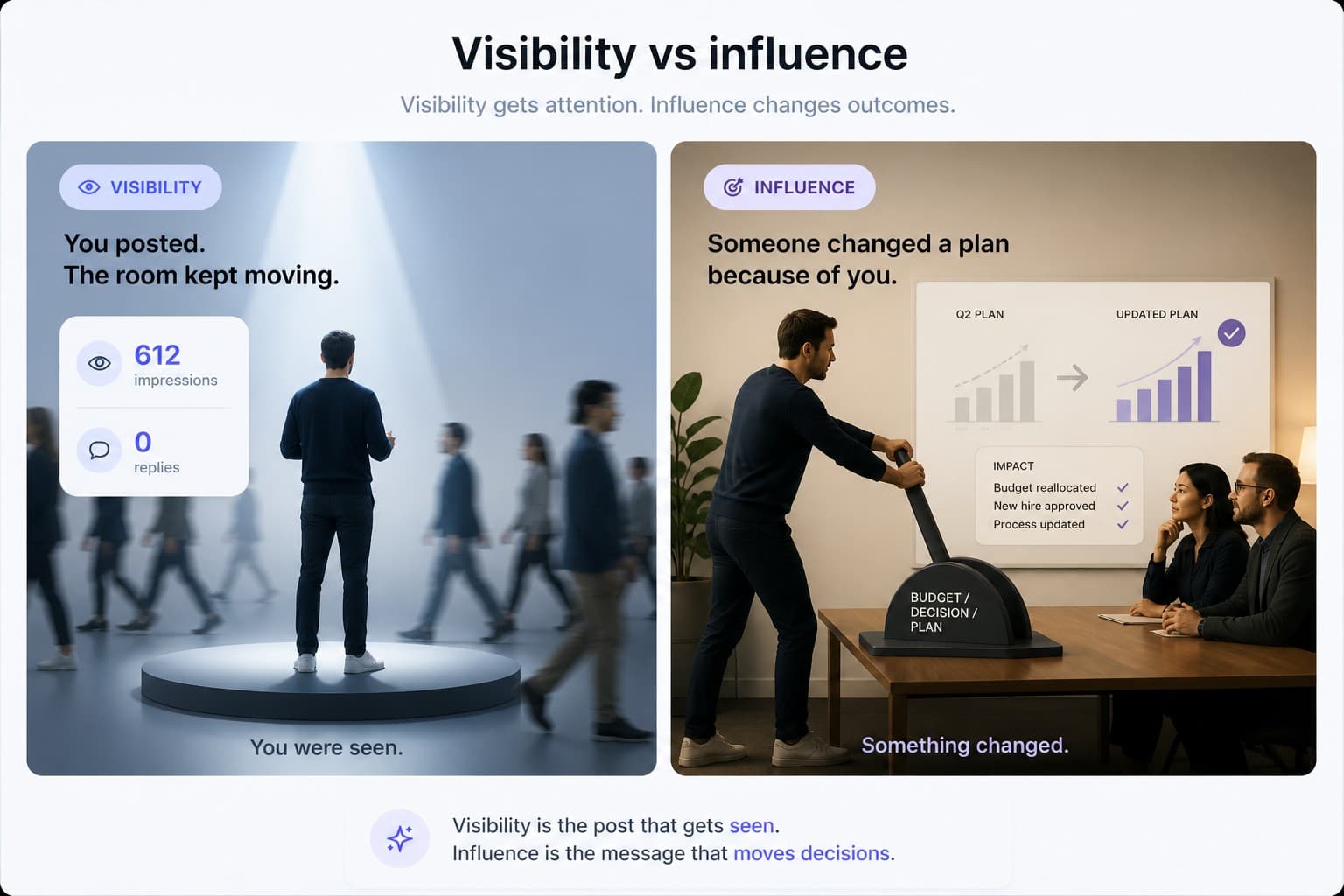 Visibility vs influence. Left panel: a person on a spotlit stage with a blurred crowd walking past, stats card showing 612 impressions and 0 replies, captioned You were seen. Right panel: someone moves a labelled budget, decision and plan lever while two colleagues watch, a wall display shows the Q2 plan updating with checkmarks for budget reallocated, new hire approved, and process updated, captioned Something changed. Footer caption: visibility is the post that gets seen, influence is the message that moves decisions.